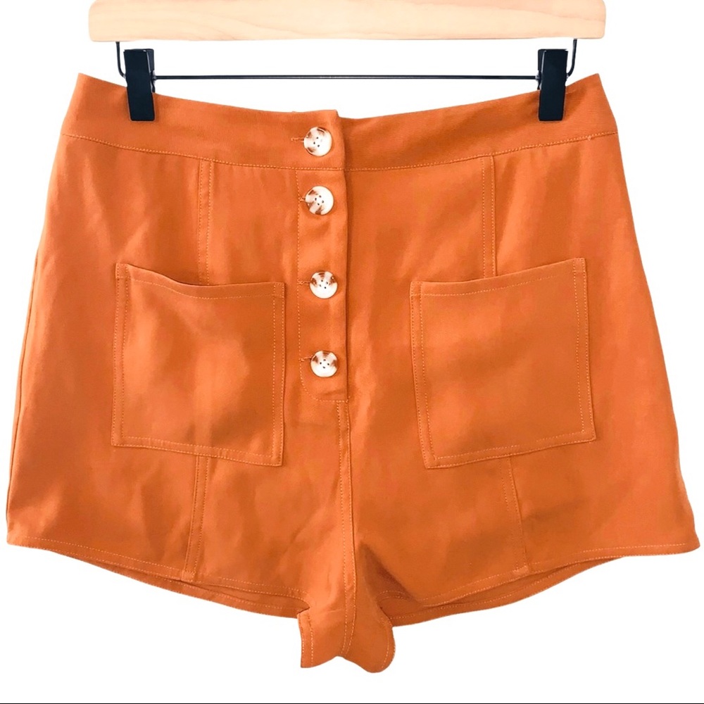 Tularosa Tate Shorts in Rust Burnt Orange High Waist Button Front Silky Shorts - Picture 2 of 15